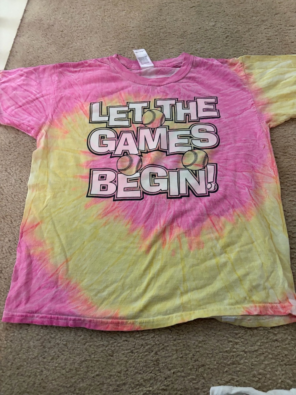 Youth softball Let The Games Begin Tie-Dye T-Shirt - Pink & Yellow